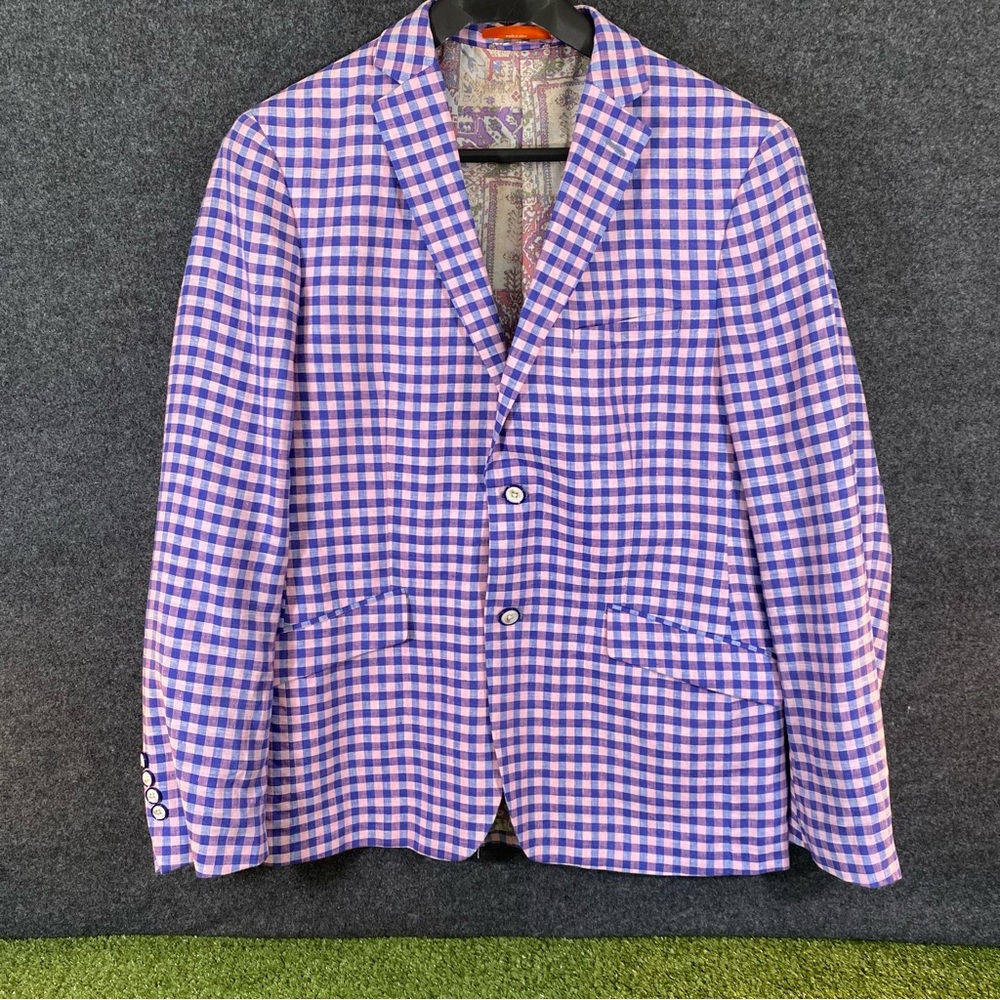 Tallia Macy's Classic Fit Blazer Mens 40R Blue Pink Checkered Sport Coat Linen